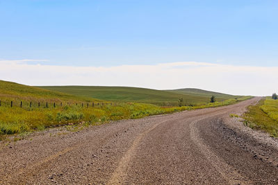 A gravel road through alberta farmland and hills.