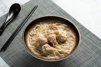 High angle view of soup in bowl on table