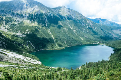 Scenic view of lake and mountains against sky