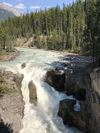 Scenic view of waterfall in forest against sky