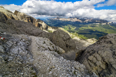 Dolomite alta via hiking trail on sella group, val badia, trentino