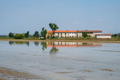 Scenic view of lake against clear blue sky