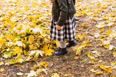 Low section of man standing on autumn leaves