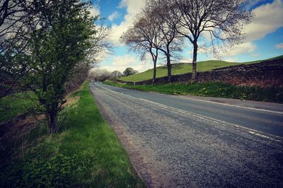 Road amidst bare trees against sky