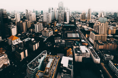 High angle view of modern buildings in city