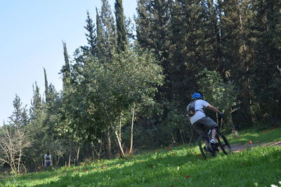 Man riding bicycle in forest