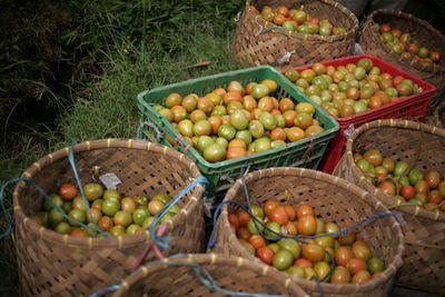 High angle view of fruits in basket