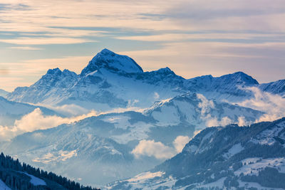 Scenic view of snowcapped mountains against sky during sunset