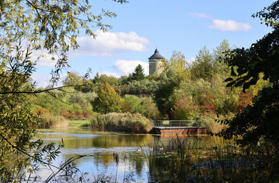 Scenic view of lake by trees against sky