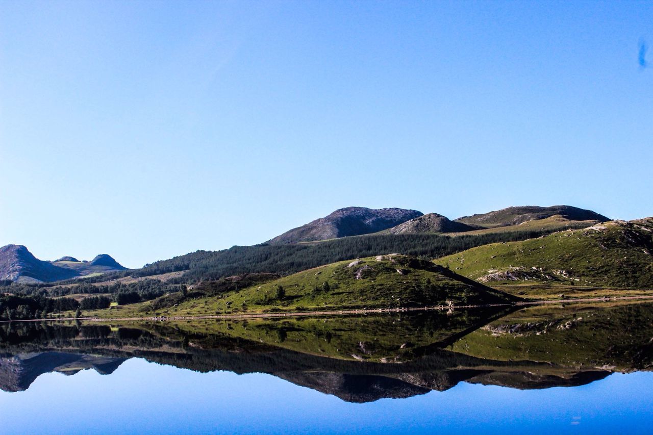 clear sky, tranquility, tranquil scene, copy space, mountain, scenics, blue, water, lake, reflection, beauty in nature, landscape, mountain range, nature, idyllic, standing water, waterfront, countryside, non-urban scene, day