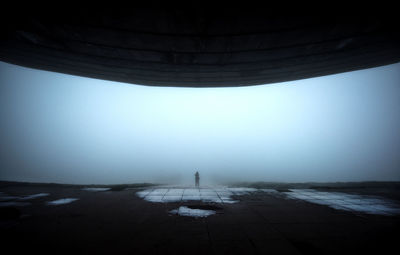 Rear view of man standing on pier against clear sky