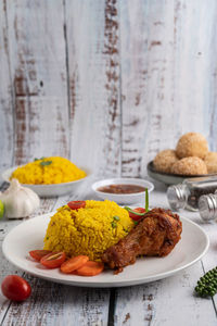 High angle view of food in plate on table