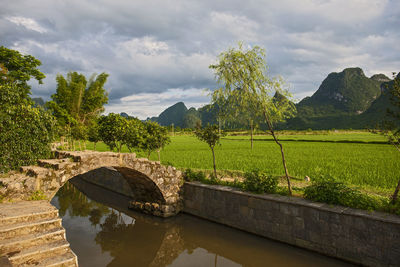 Arched pedestrian bridge in rural china close to yangshuo