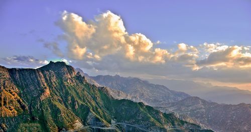 Scenic view of mountains against sky during sunset