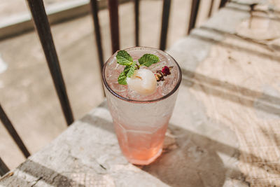 High angle view of drink in glass on table