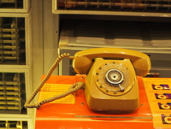 Close-up of old telephone booth