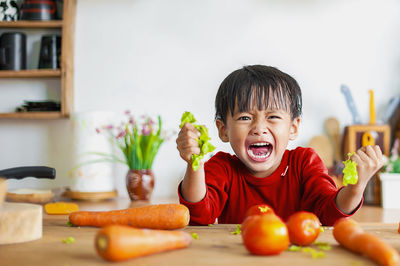 Portrait of boy on table at home