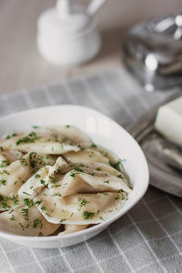 High angle view of pasta in plate on table