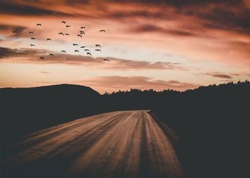 Road amidst silhouette trees against sky during sunset