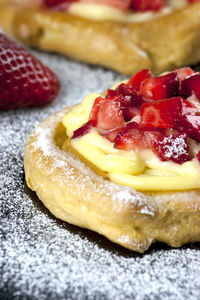 Close-up of strawberry tart on table