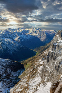 Aerial view of snowcapped mountains against sky