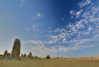 Panoramic view of rocks on landscape against sky