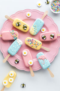 Homemade cakesicles on a pastel pink platter, decorated for springtime.
