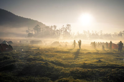 Panoramic view of landscape against sky during foggy weather