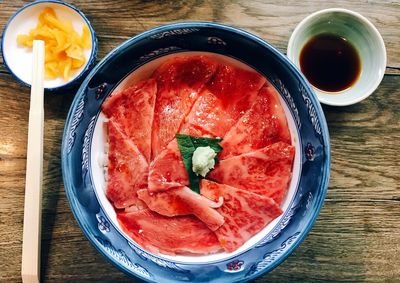 High angle view of food in plate on table