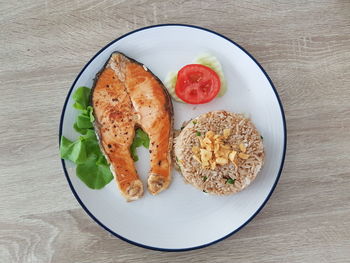 High angle view of breakfast served on table