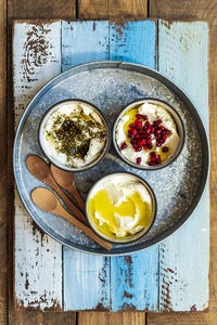 High angle view of labneh on table