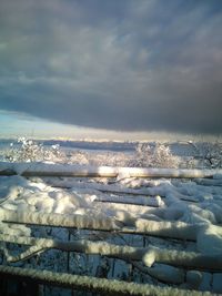 Snow covered landscape against cloudy sky