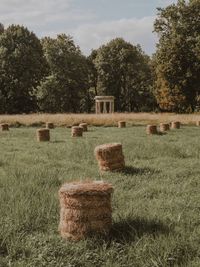 Hay bales on field against trees