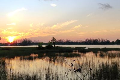 Scenic view of lake against sky during sunset