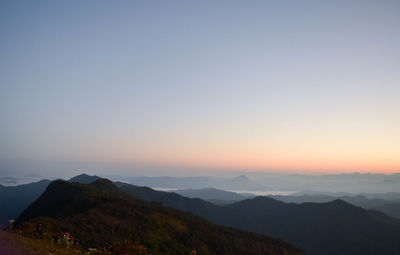 Scenic view of mountains against sky during sunset