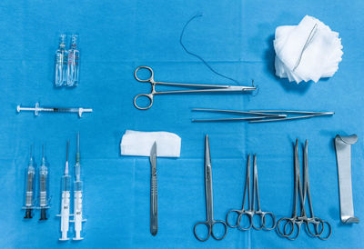 High angle view of blue objects on table