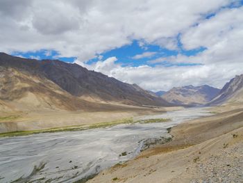 Scenic view of mountains against cloudy sky