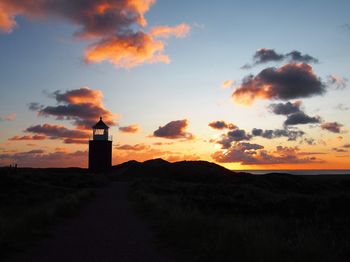 Lighthouse on field against sky during sunset