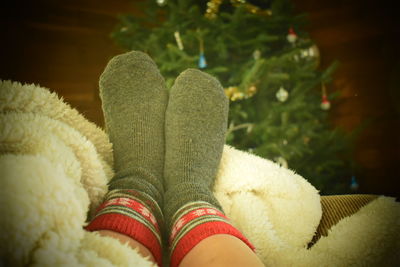 Low section of woman wearing shoes