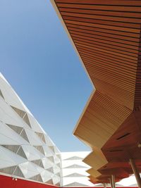 Low angle view of modern building against clear blue sky