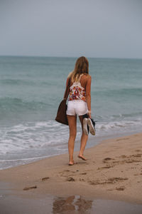 Rear view of woman walking on shore at beach