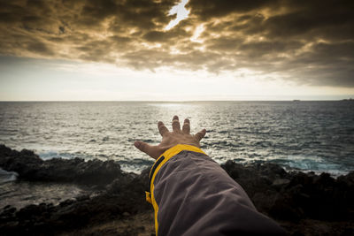 Cropped image of man hand at beach against sky