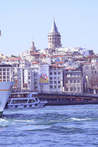 View of buildings by sea against clear sky