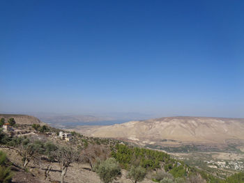 Scenic view of landscape against clear blue sky
