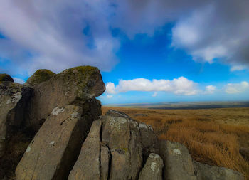 Rock formations on landscape against sky