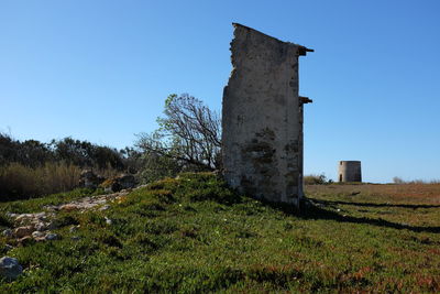 Low angle view of built structure on landscape