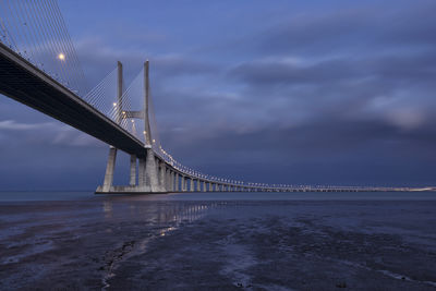 View of suspension bridge against cloudy sky