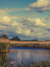 Scenic view of lake against cloudy sky