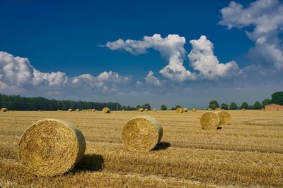 Hay bales on field against sky