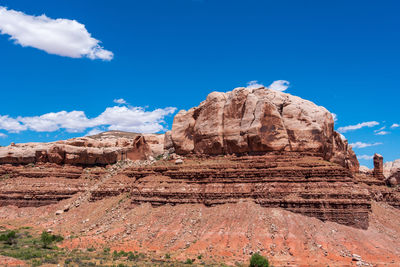 Rock formations on landscape against blue sky